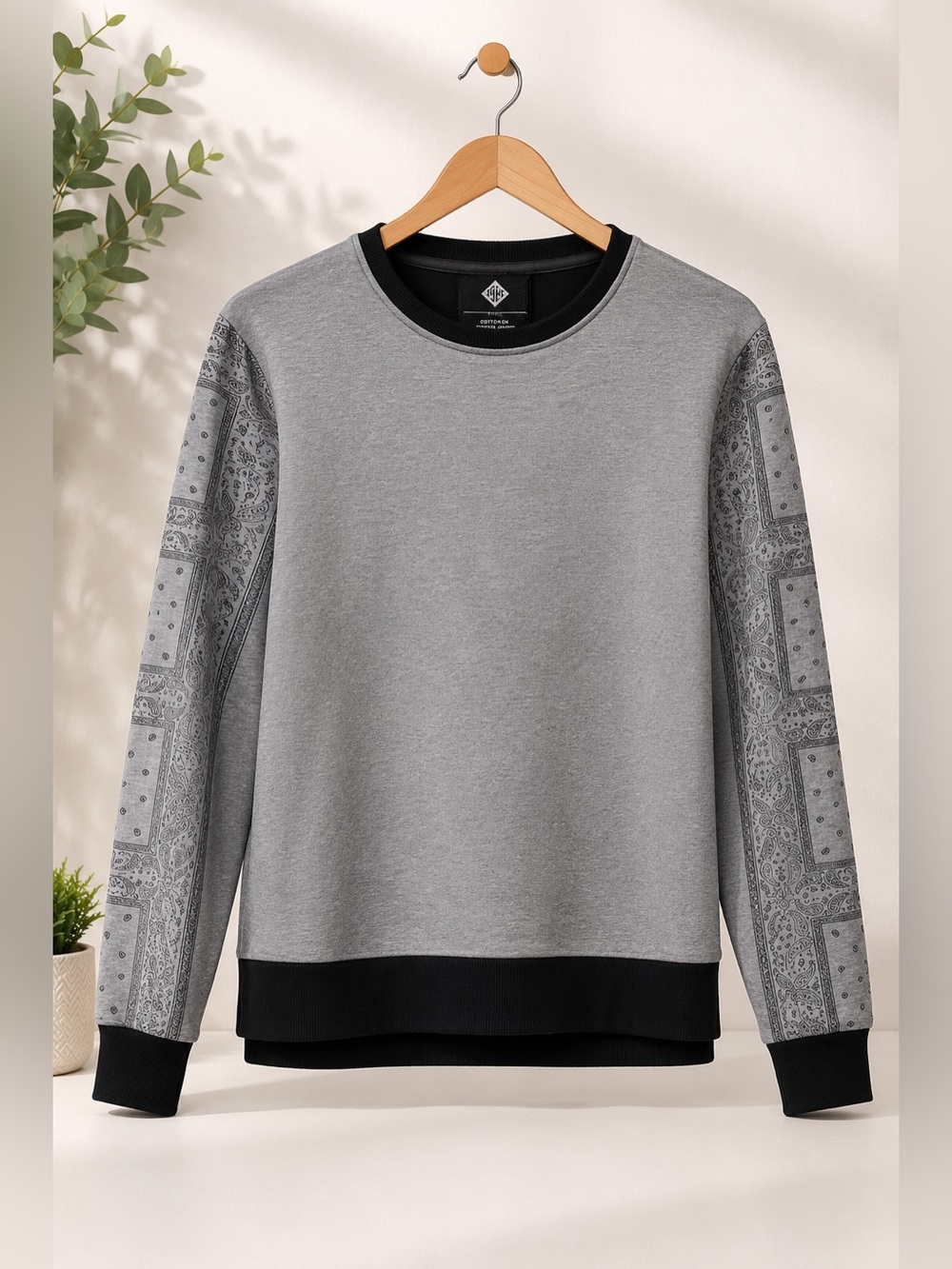 Cotton On Grey Crewneck Sweatshirt with Bandana Print Sleeves (377)